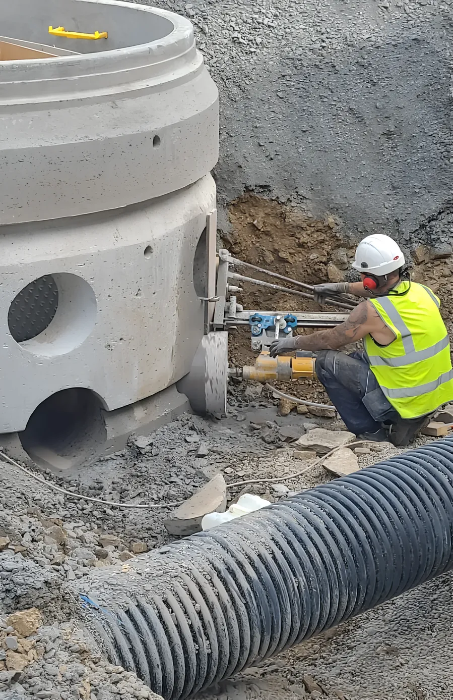 Operator in hi-vis coring a pipe entry through a precast concrete chamber with a rig-mounted drill.