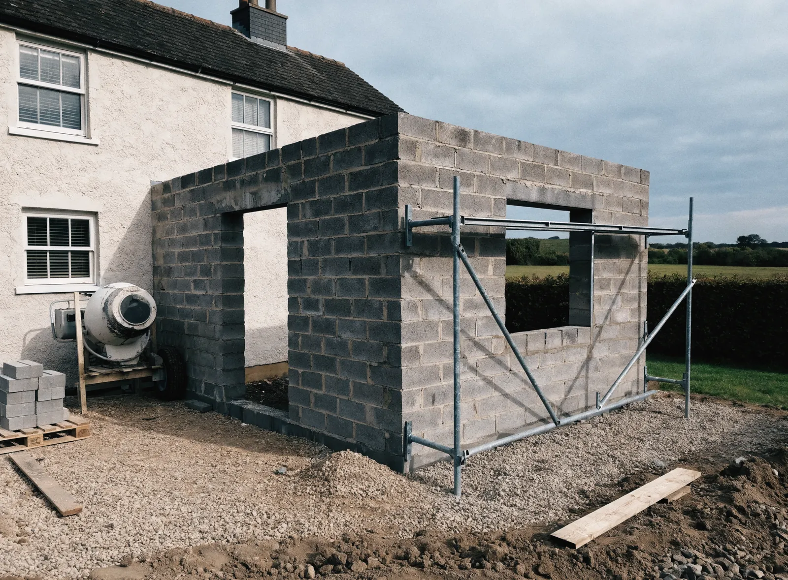 Single-storey rear extension under construction, block walls built to full height beside a rendered house.