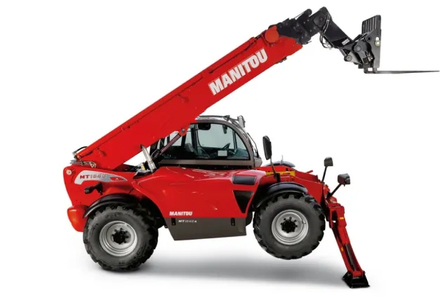 Manitou MT 1840 telehandler with its boom raised and stabilisers down.