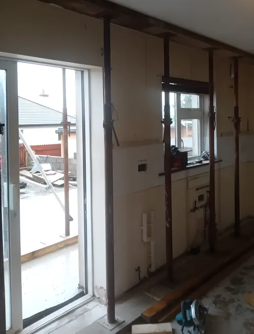 A row of props carrying the ceiling along the back wall of a house during the works.