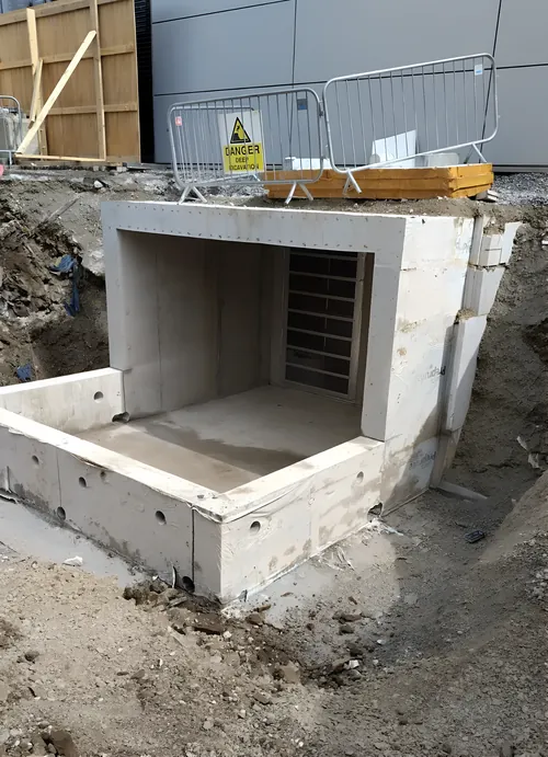 Opening cut in the back wall of a concrete chamber on a groundworks site.