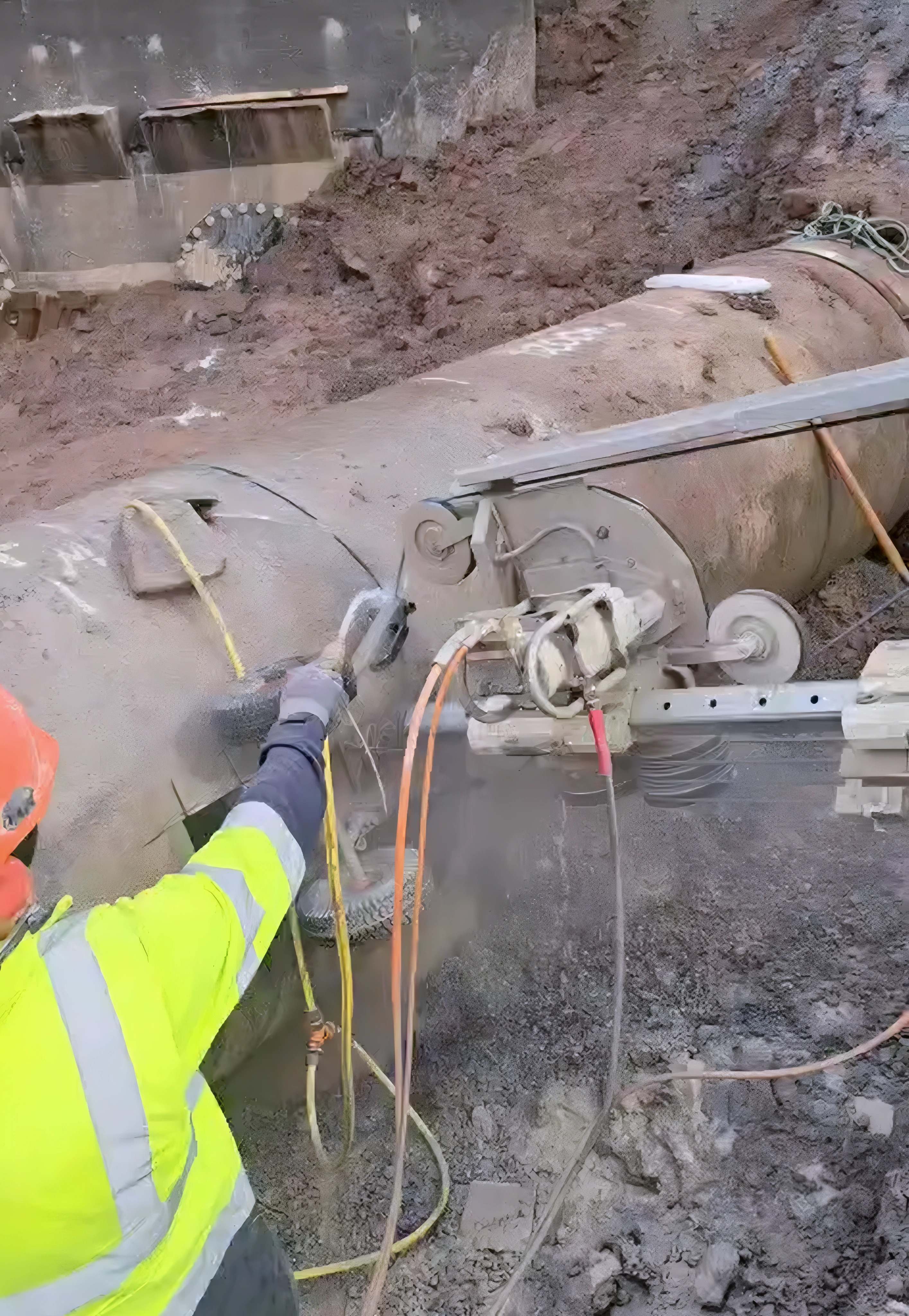 Operator in hi-vis setting the diamond wire on a wire saw fixed to a large concrete pipe.